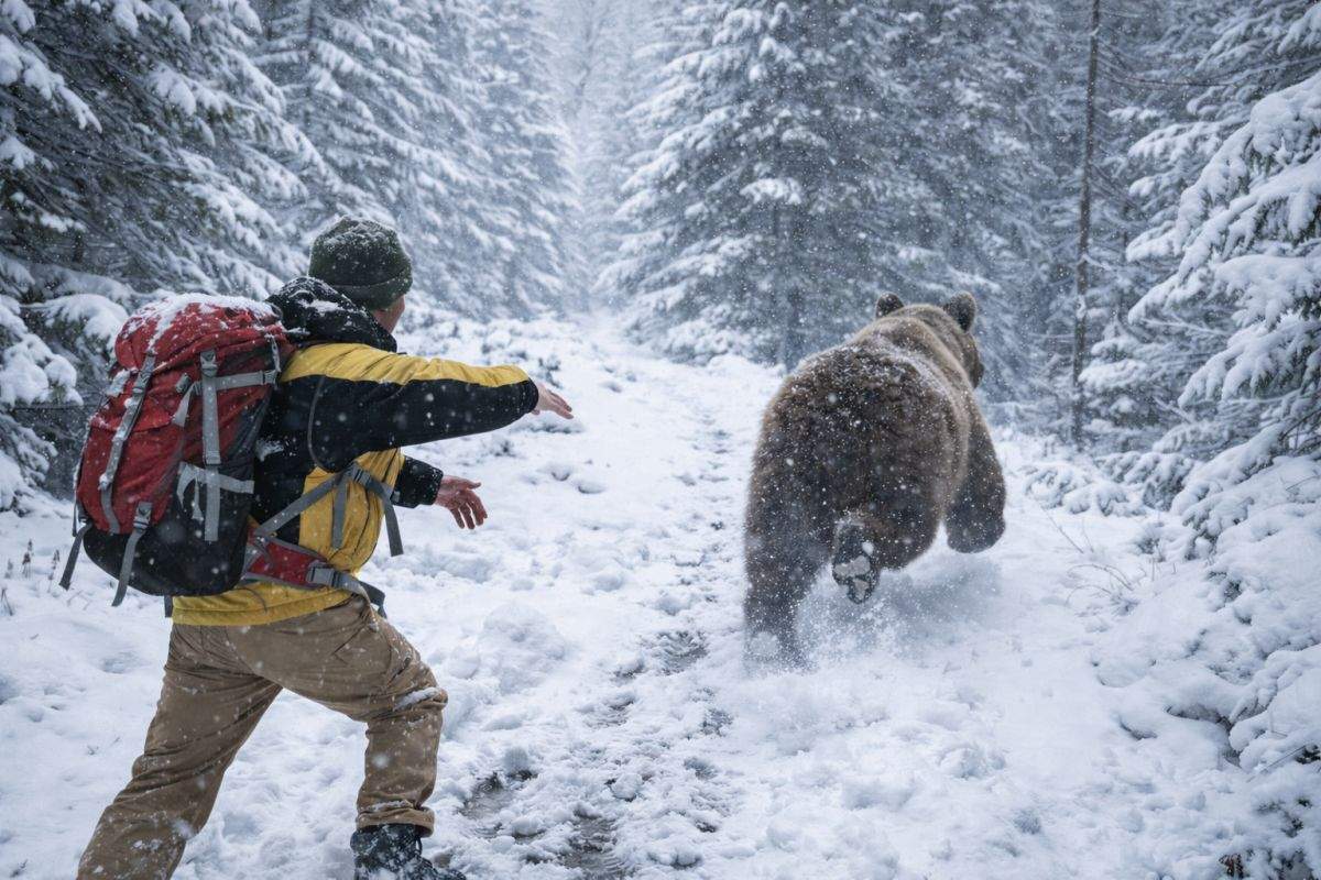 S-a întors roata! Urs fugărit de un turist care voia să se încălzească cu el
