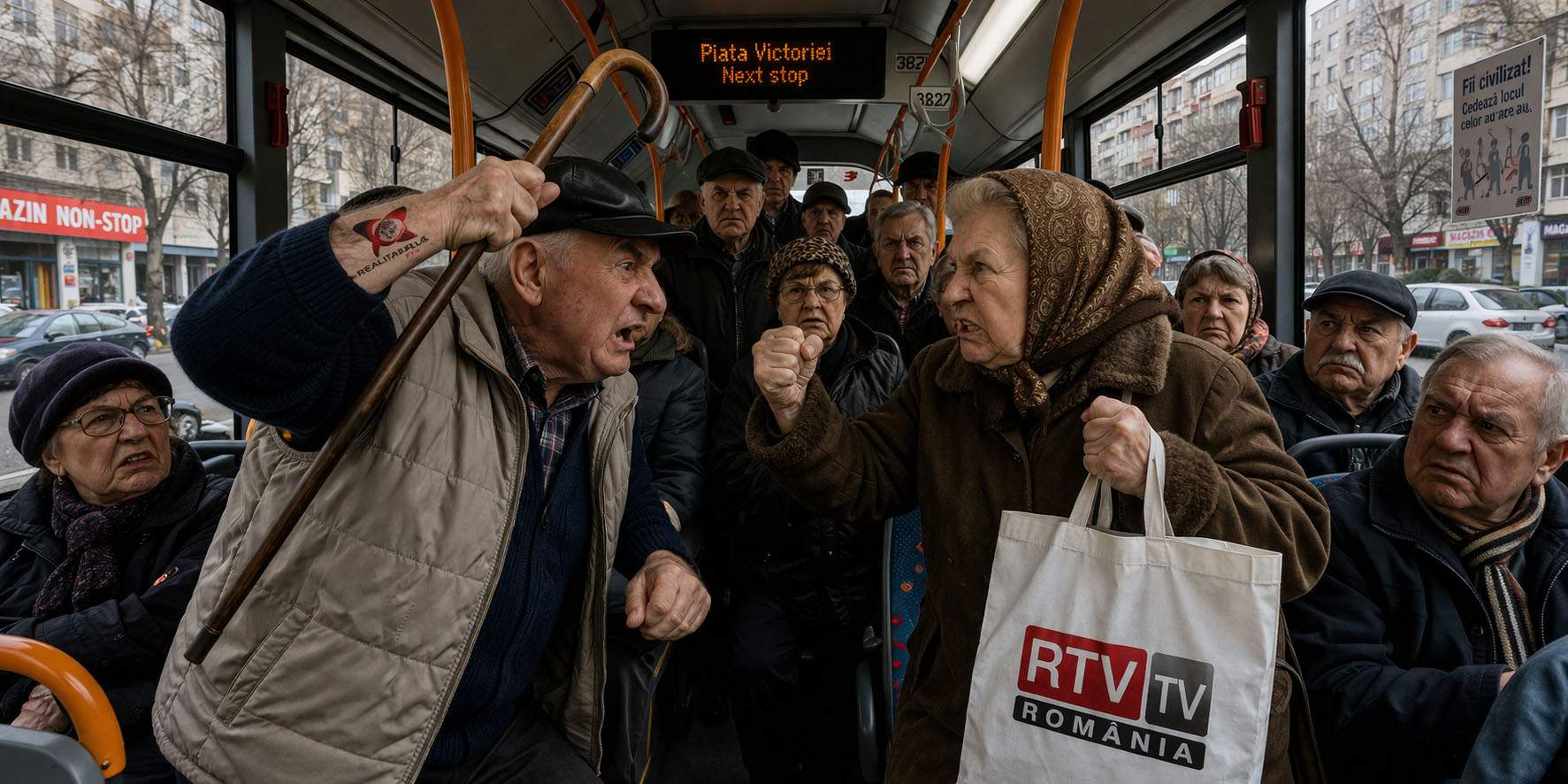 Bătaie generală în autobuzul 335 între pensionarii care se uită la RTV şi ăia cu Realitatea Plus