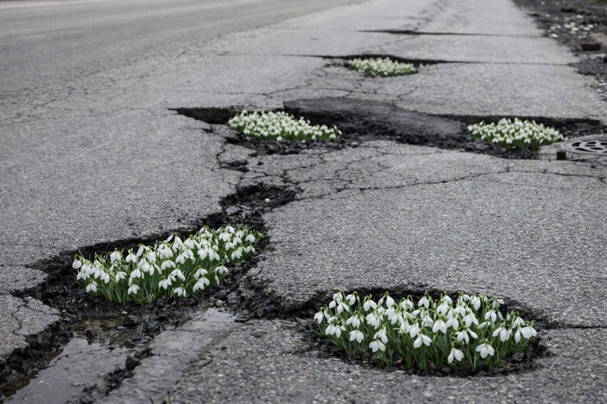 Primăvară superbă în București! Au ieșit ghioceii în miile de gropi din asfalt