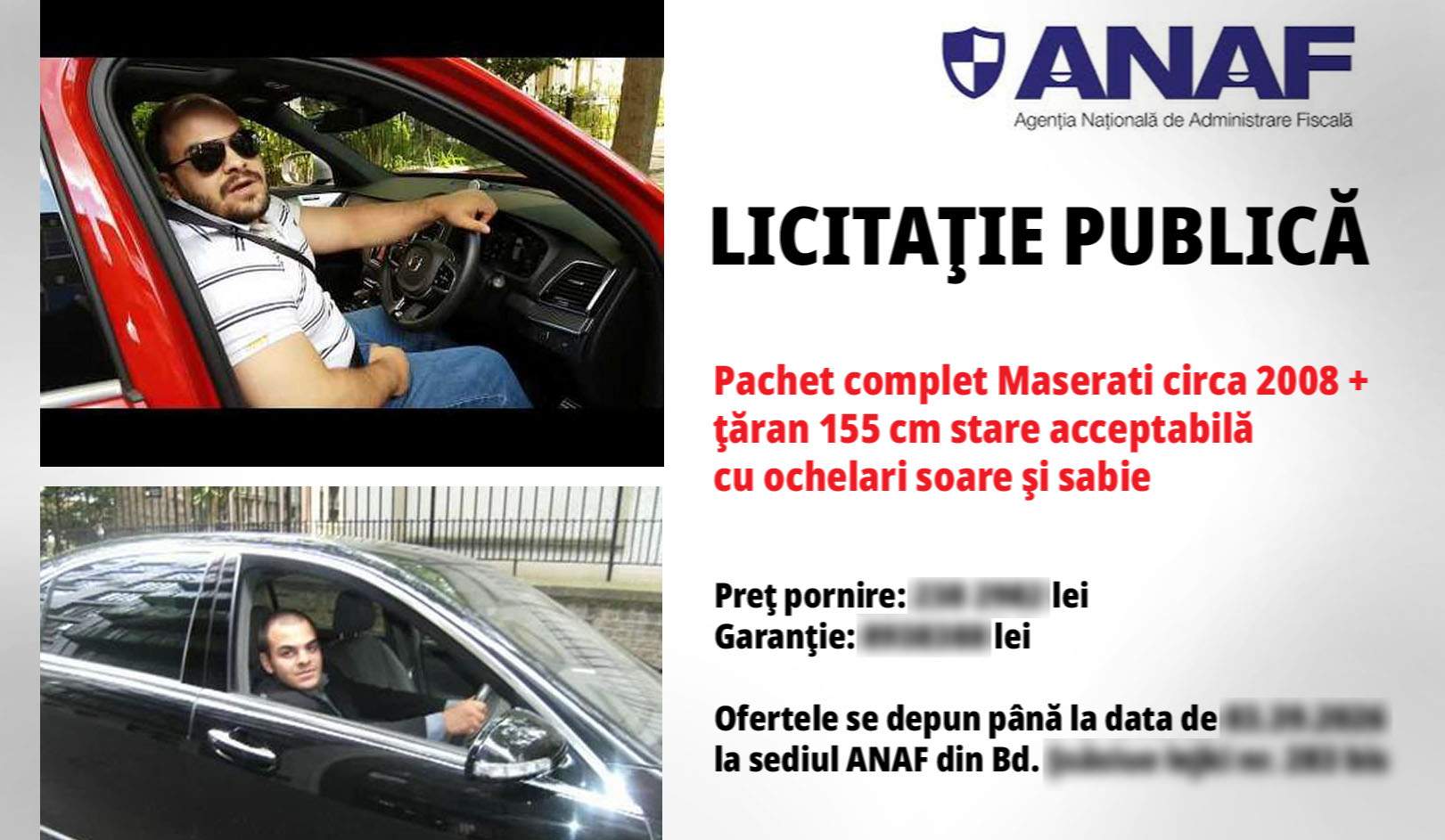 Vehicul istoric! ANAF scoate la licitaţie un Maserati cu tot cu ţăran