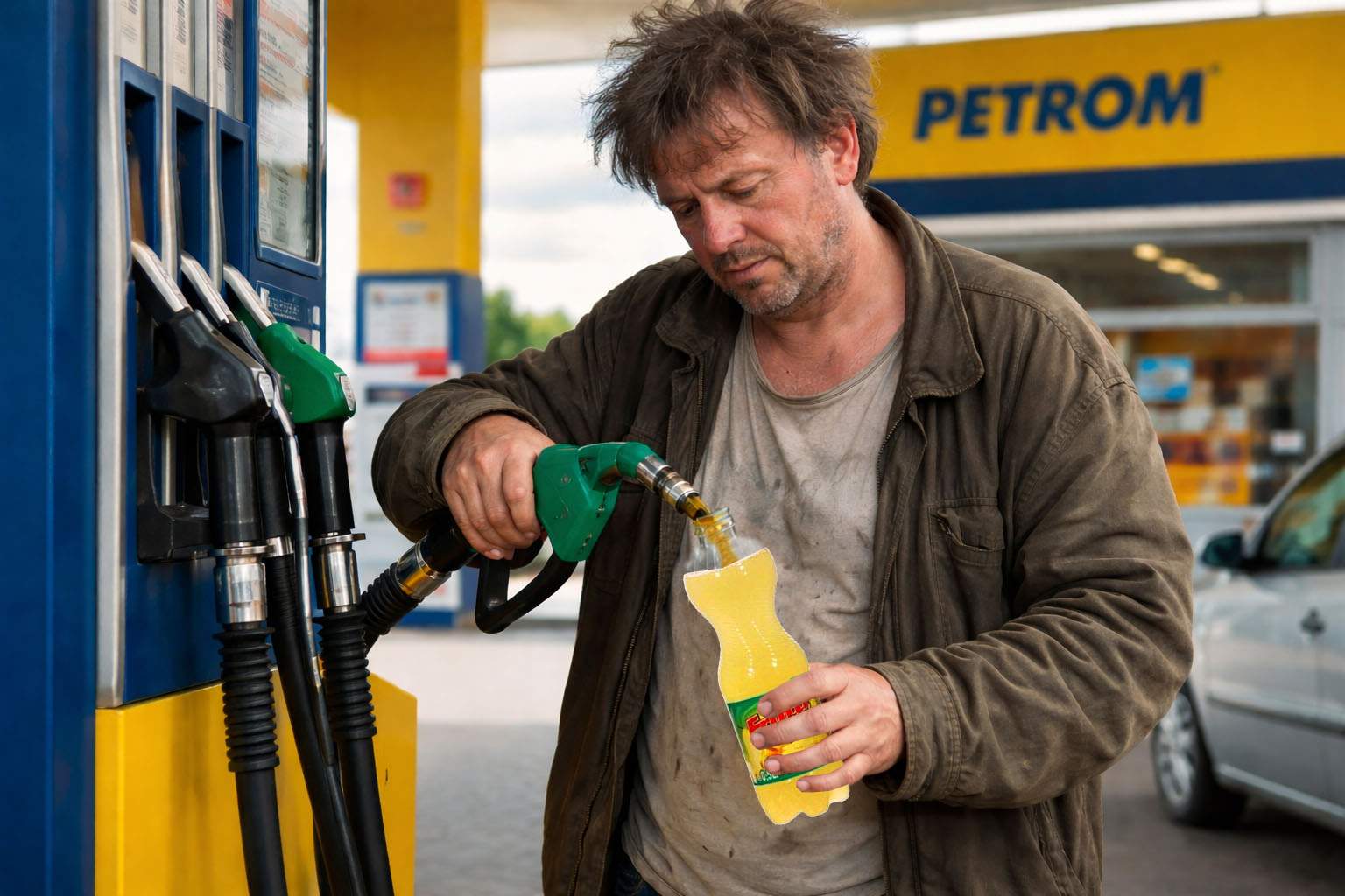 I se spune șeicul! Un bărbat din Mizil și-a făcut plinul la un pet de 0,5 litri