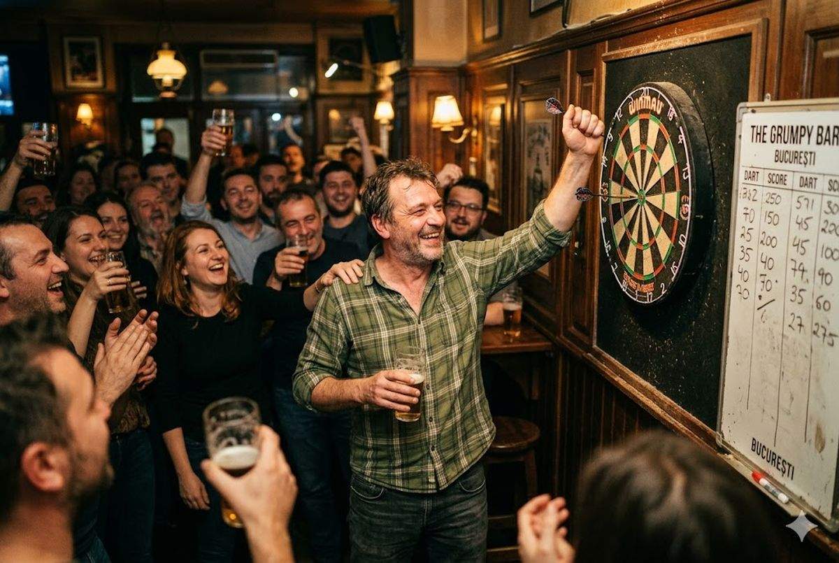 Eveniment rar într-un pub din Capitală! Primul bețiv care a nimerit tabla de darts în ultimii 28 de ani