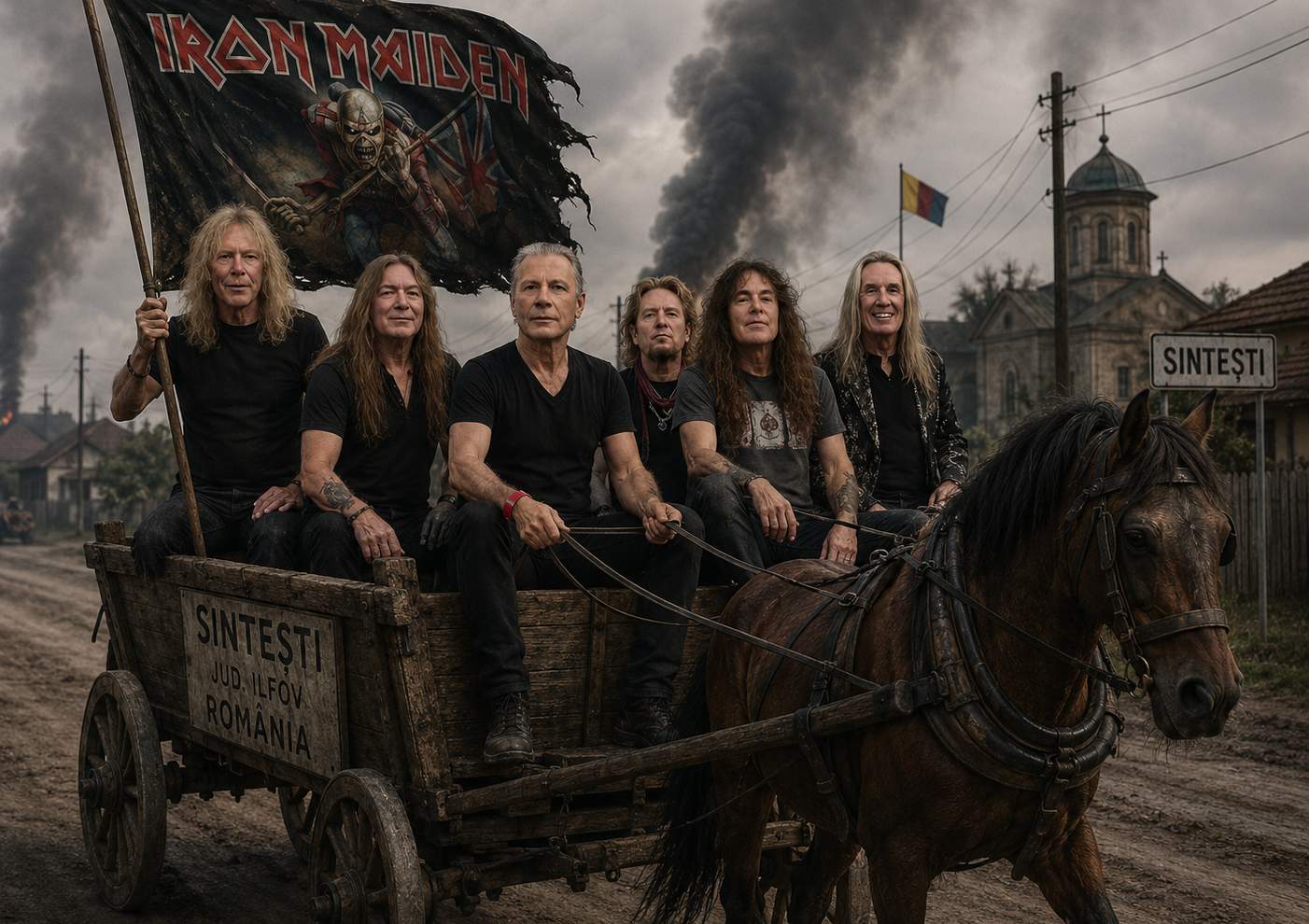 Trupa Iron Maiden, vizită surpriză la Sinteşti: “Am auzit că vă place metalul!”