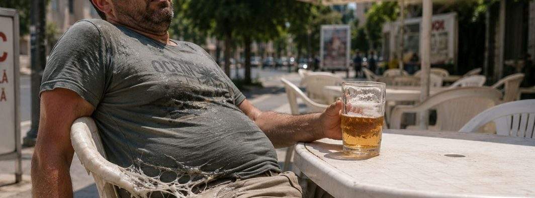 Un bărbat a rămas lipit de scaunul de la o terasă și e nevoit să bea bere de 24 de ore