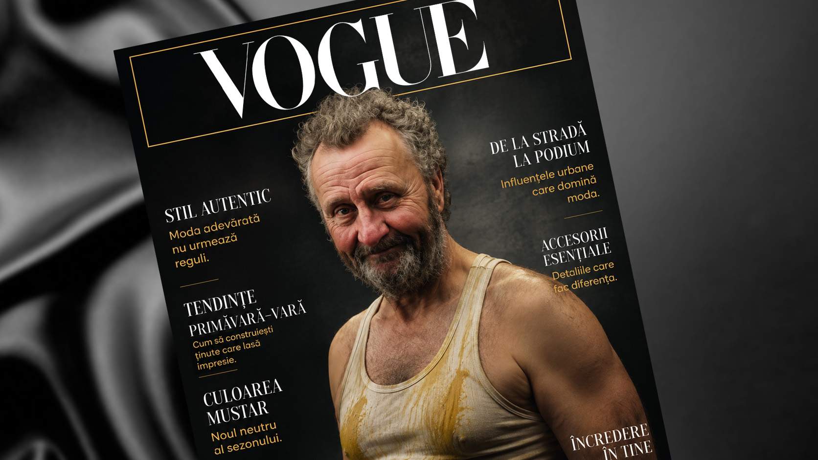 Revista Vogue, debut în forţă în România. Nea Costel apare pe copertă într-un elegant maiou pătat cu muştar