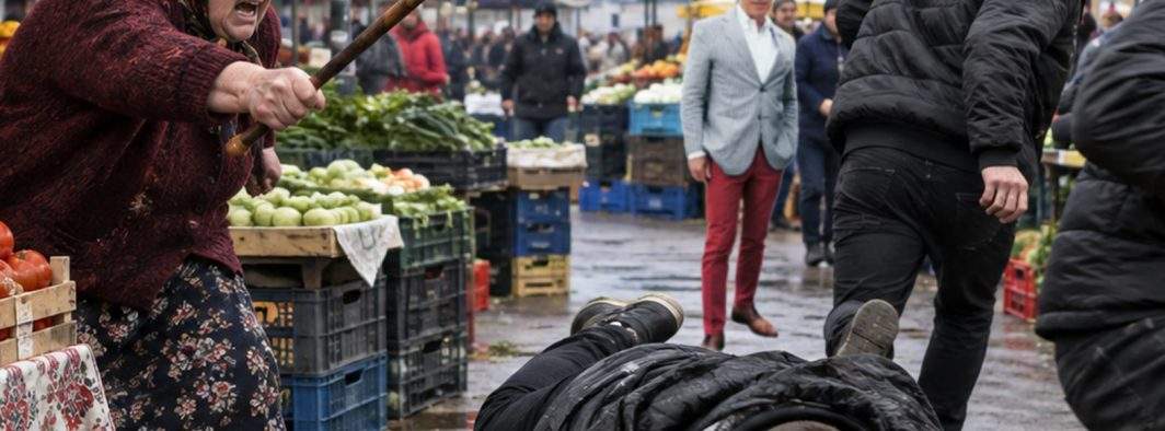 Scandal la piaţă! Bodyguarzii lui Georgescu, bătuţi de o babă după ce i-au dărâmat roşiile