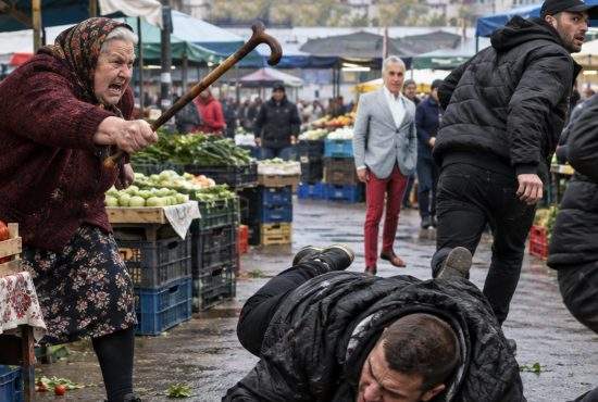 Scandal la piaţă! Bodyguarzii lui Georgescu, bătuţi măr de o babă după ce i-au dărâmat roşiile