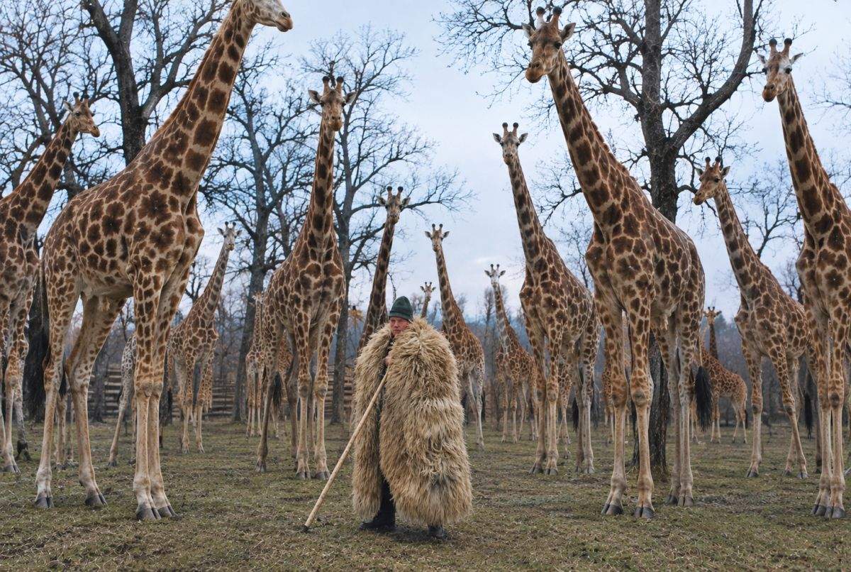 Inspirat de ce-a văzut în Piața Victoriei, un cioban și-a vândut oile și și-a făcut turmă de girafe