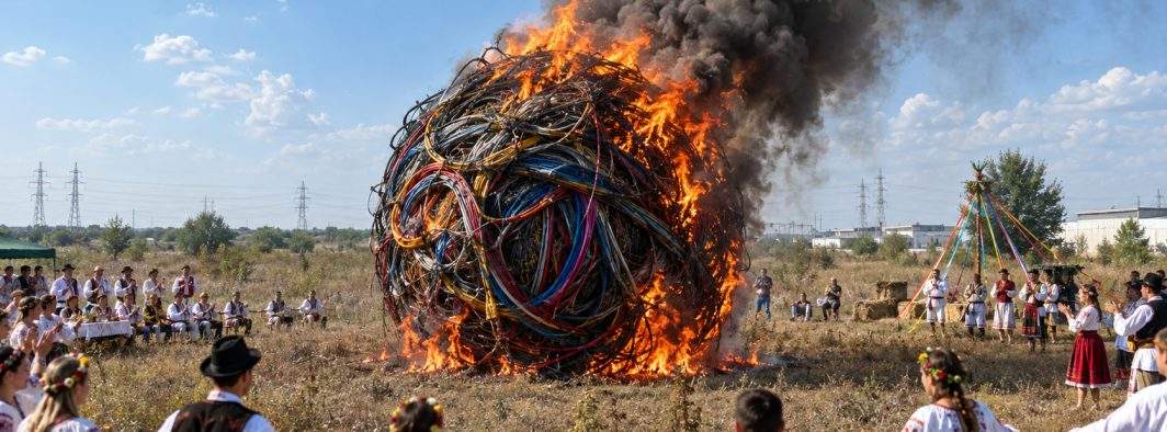 Serbare de Ziua Recoltei la Sinteşti. Sătenii vor în Guinness Book cu cel mai mare ghem de cablu ars ilegal