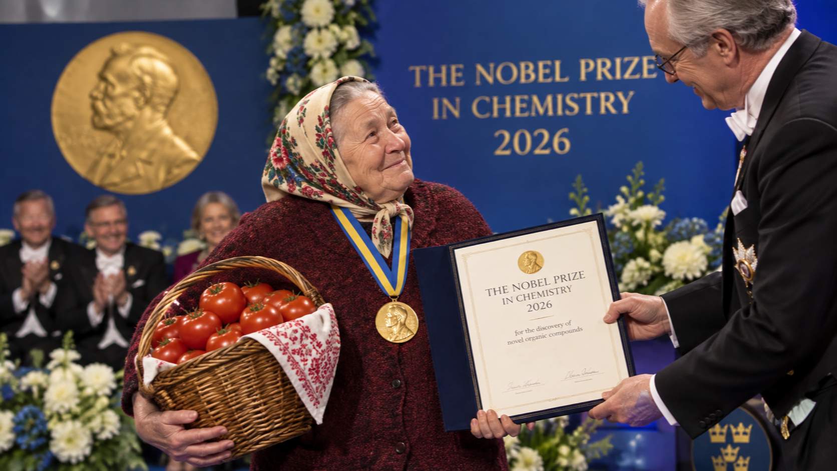 Dubios! O băbuţă din Obor care jură că nu stropeşte roşiile cu nimic tocmai a luat Nobelul pentru Chimie