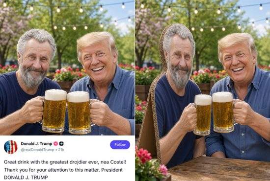 Trump s-a lăudat că a băut o bere cu nea Costel, dar de fapt era doar un carton cu nea Costel