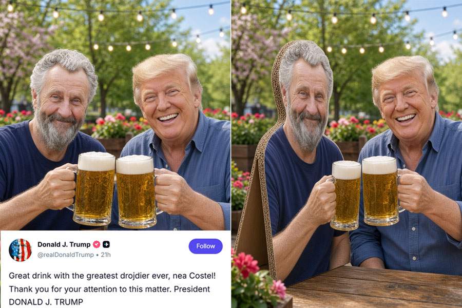 Trump s-a lăudat că a băut o bere cu nea Costel, dar de fapt era doar un carton cu nea Costel