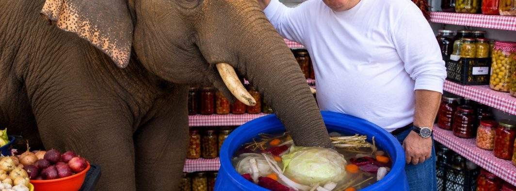 Simplu şi eficient! Nuţu Cămătaru şi-a luat elefant ca să îi sufle în butoiul cu varză
