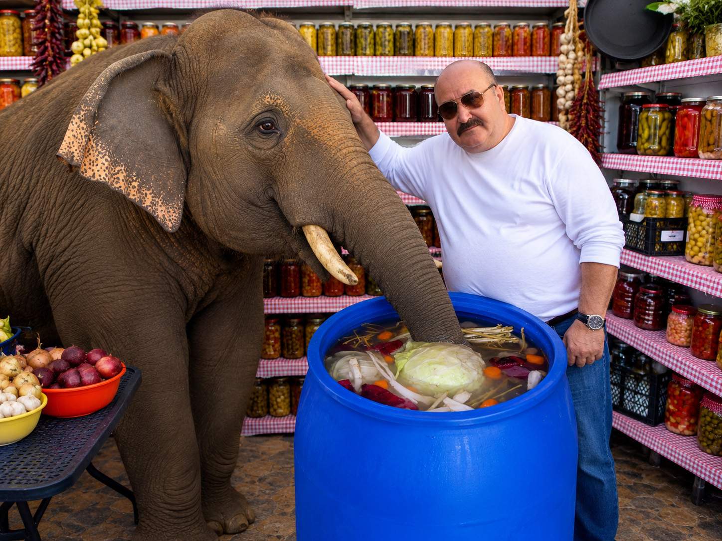 Simplu şi eficient! Nuţu Cămătaru şi-a luat elefant ca să îi sufle în butoiul cu varză