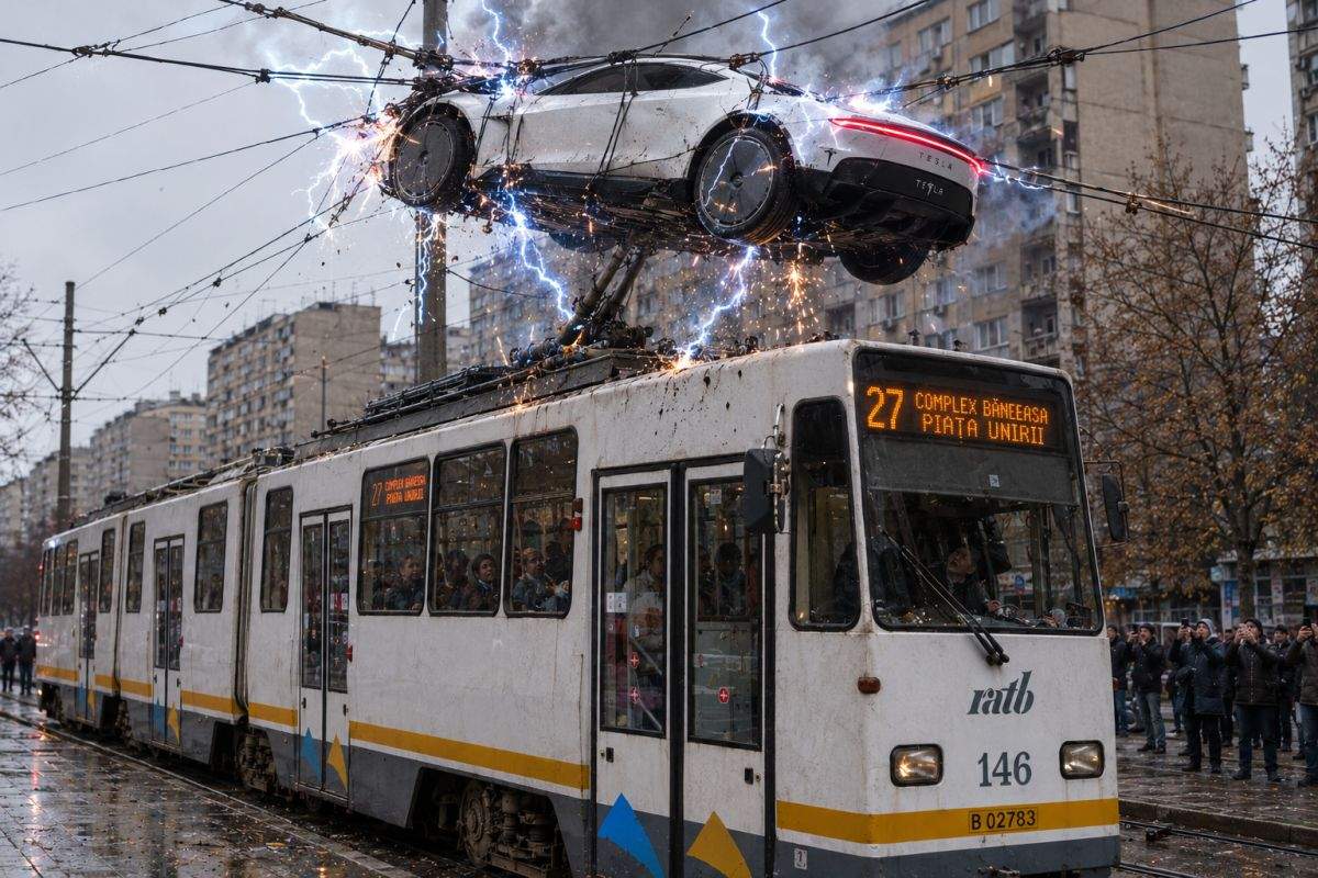 Un cocalar cu Tesla Roadster a vrut să sară peste un tramvai și s-a electrocutat în firele de electricitate